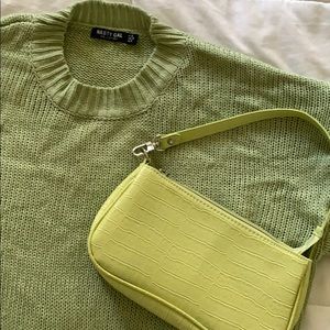 Sage green knit sweater & green mini shoulder bag!
